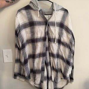 American Eagle Outfitters Black and White Plaid Hooded Shirt